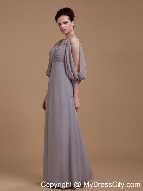 Floor-length Grey Wedding Outfits For Brides Mother with V-neck and 3 4 Length Sleeves