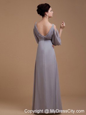 Floor-length Grey Wedding Outfits For Brides Mother with V-neck and 3 4 Length Sleeves