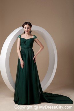 Dark Green Cap Sleeves Court Train Ruching Chiffon Mothers Dresses with Beading