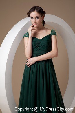 Dark Green Cap Sleeves Court Train Ruching Chiffon Mothers Dresses with Beading