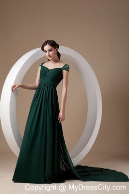 Dark Green Cap Sleeves Court Train Ruching Chiffon Mothers Dresses with Beading