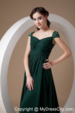 Dark Green Cap Sleeves Court Train Ruching Chiffon Mothers Dresses with Beading