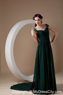 Dark Green Cap Sleeves Court Train Ruching Chiffon Mothers Dresses with Beading