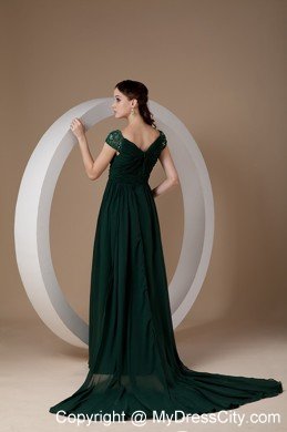 Dark Green Cap Sleeves Court Train Ruching Chiffon Mothers Dresses with Beading