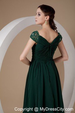 Dark Green Cap Sleeves Court Train Ruching Chiffon Mothers Dresses with Beading