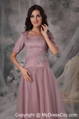 Pink Brush Train Half Sleeves Square Neck Mothers Dresses with Appliques and Ruche