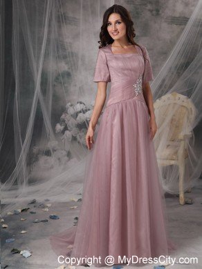 Pink Brush Train Half Sleeves Square Neck Mothers Dresses with Appliques and Ruche