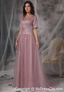 Pink Brush Train Half Sleeves Square Neck Mothers Dresses with Appliques and Ruche