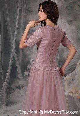 Pink Brush Train Half Sleeves Square Neck Mothers Dresses with Appliques and Ruche