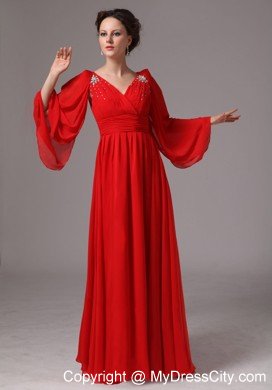 Red Long Sleeves V-neck Ruching Mother Of The Bride Dress with Rhinestones