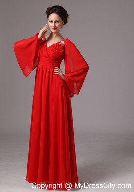 Red Long Sleeves V-neck Ruching Mother Of The Bride Dress with Rhinestones
