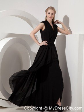 Long Black Chiffon V-neck Ruched Mother of the Bride Dress