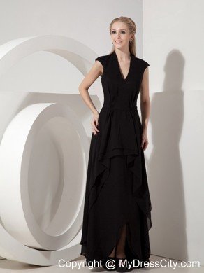 Long Black Chiffon V-neck Ruched Mother of the Bride Dress