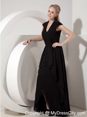 Long Black Chiffon V-neck Ruched Mother of the Bride Dress