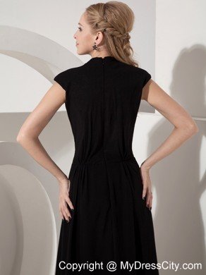 Long Black Chiffon V-neck Ruched Mother of the Bride Dress