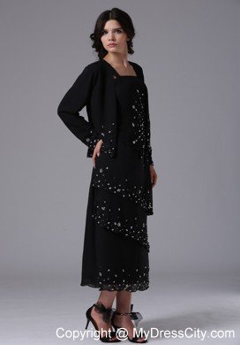 Black Tea-length Jacket Beaded and Layered Mother Bride Dress