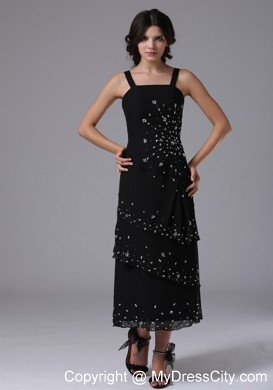 Black Tea-length Jacket Beaded and Layered Mother Bride Dress