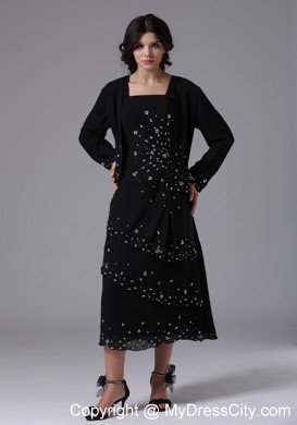 Black Tea-length Jacket Beaded and Layered Mother Bride Dress