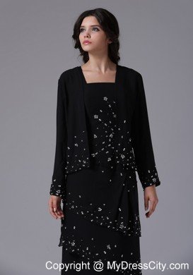 Black Tea-length Jacket Beaded and Layered Mother Bride Dress