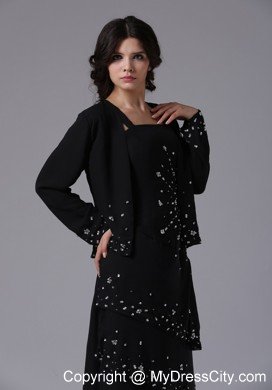 Black Tea-length Jacket Beaded and Layered Mother Bride Dress