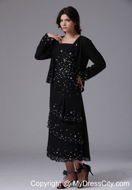 Black Tea-length Jacket Beaded and Layered Mother Bride Dress