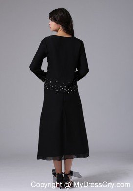 Black Tea-length Jacket Beaded and Layered Mother Bride Dress