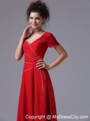 Red Beaded Chiffon V-neck Short Sleeves Ankle-length Mother Dress