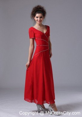 Red Beaded Chiffon V-neck Short Sleeves Ankle-length Mother Dress