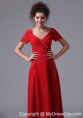 Red Beaded Chiffon V-neck Short Sleeves Ankle-length Mother Dress