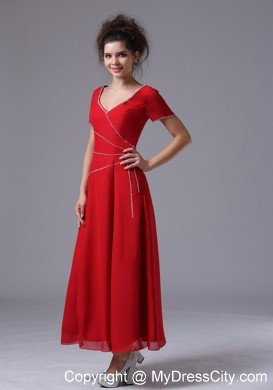 Red Beaded Chiffon V-neck Short Sleeves Ankle-length Mother Dress