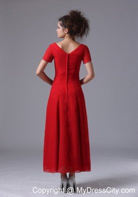 Red Beaded Chiffon V-neck Short Sleeves Ankle-length Mother Dress