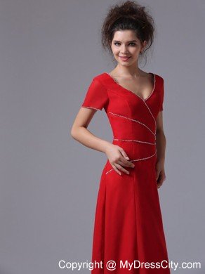 Red Beaded Chiffon V-neck Short Sleeves Ankle-length Mother Dress