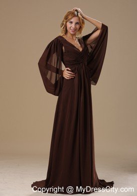 Brown Column V-neck Mother Dress with Big Fan Long Sleeves