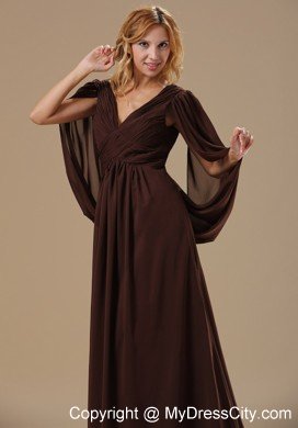 Brown Column V-neck Mother Dress with Big Fan Long Sleeves