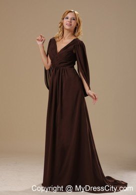 Brown Column V-neck Mother Dress with Big Fan Long Sleeves