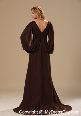 Brown Column V-neck Mother Dress with Big Fan Long Sleeves