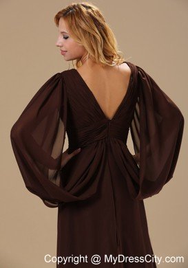 Brown Column V-neck Mother Dress with Big Fan Long Sleeves