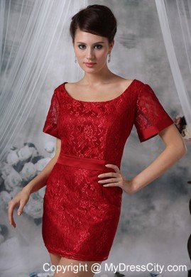 Mini Wine Red Lace Mother Dress of Scoop and Short Sleeves