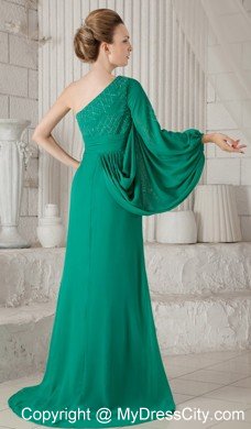 Long Green Mother Dress with Single Big Fan Sleeve