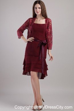 Burgundy Knee-length Sash Chiffon Mother Bride Dress