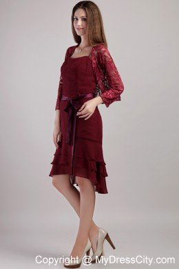 Burgundy Knee-length Sash Chiffon Mother Bride Dress