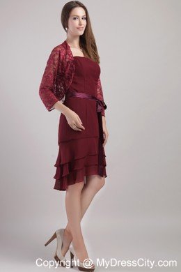 Burgundy Knee-length Sash Chiffon Mother Bride Dress