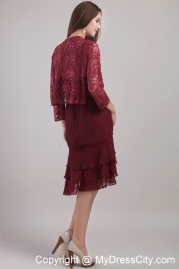 Burgundy Knee-length Sash Chiffon Mother Bride Dress