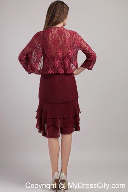 Burgundy Knee-length Sash Chiffon Mother Bride Dress