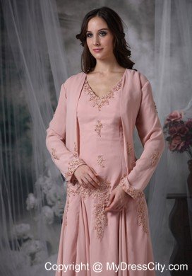 Pink Asymmetrical V-neck Appliqued Mother of the Bride Dress