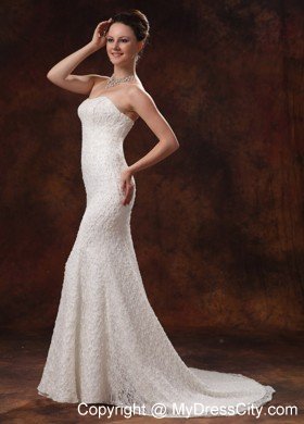 Mermaid Strapless Wedding Dress For Custom Made Lace Brush Train