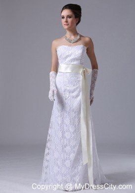 Stylish Strapless Lace Column Brush Wedding Dress With Champagne Sash