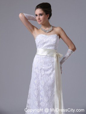 Stylish Strapless Lace Column Brush Wedding Dress With Champagne Sash