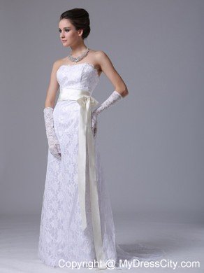 Stylish Strapless Lace Column Brush Wedding Dress With Champagne Sash