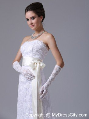 Stylish Strapless Lace Column Brush Wedding Dress With Champagne Sash